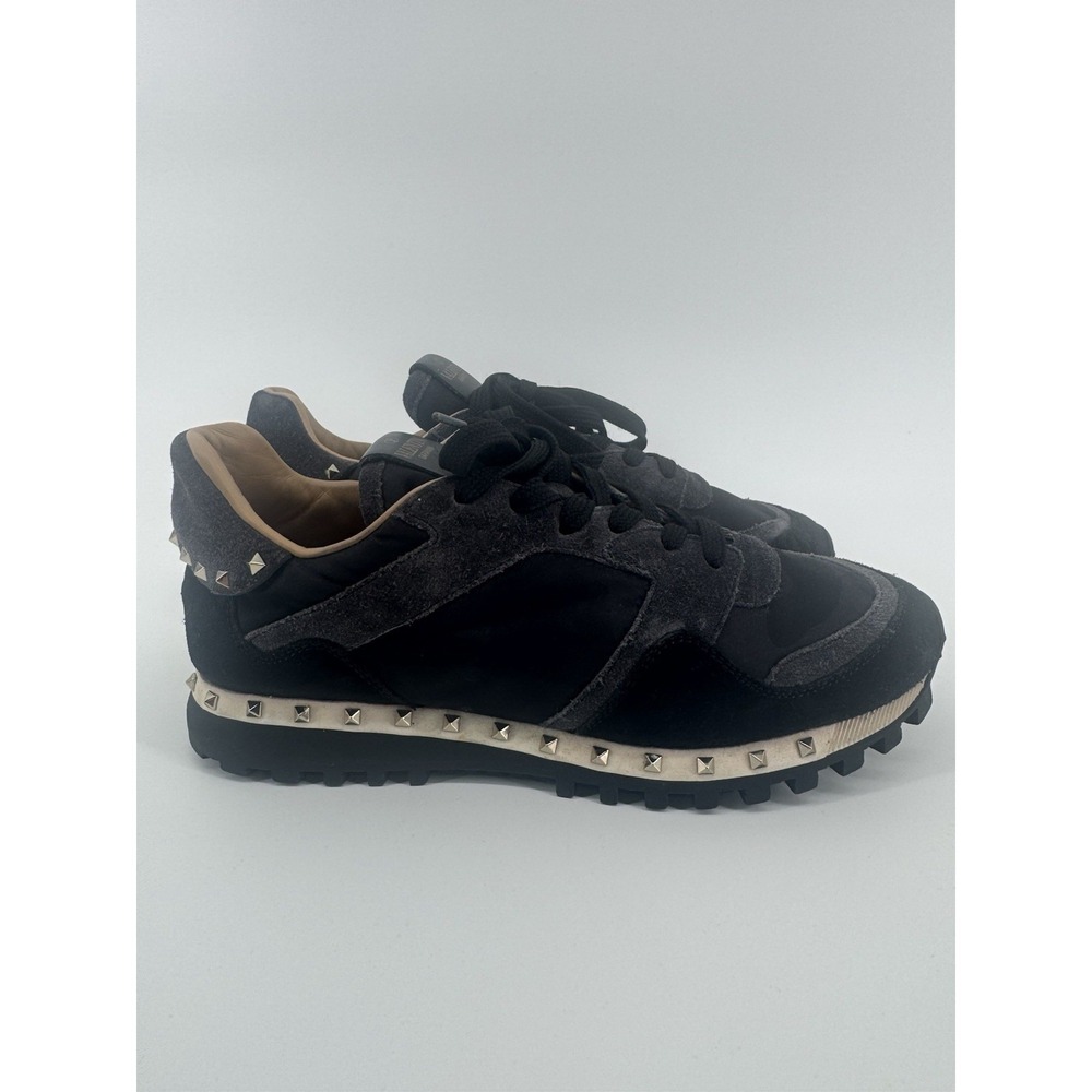 Valentino Black Suede Camouflage Fabric Rockstud Low Top Sneakers Sz 37
